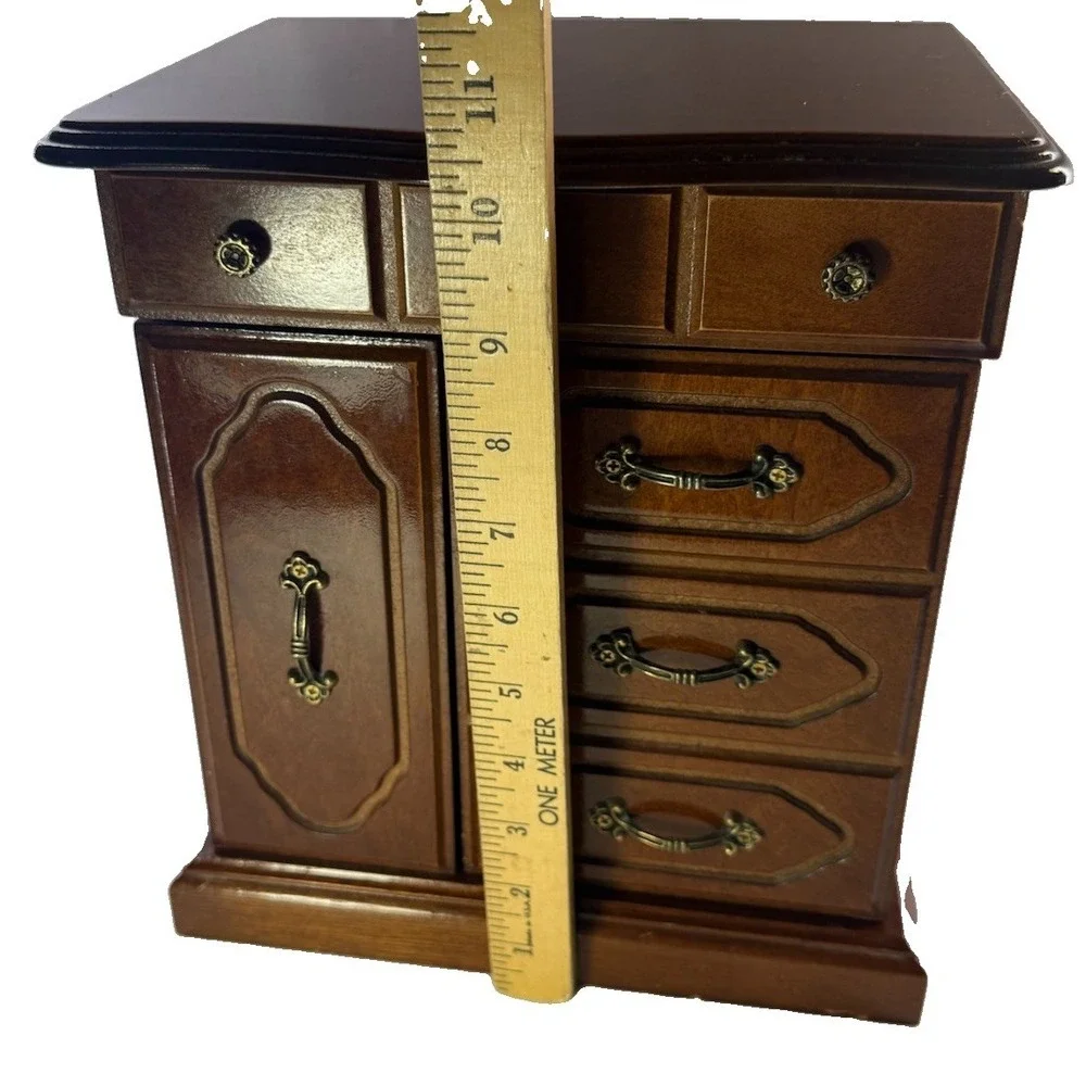 Vintage Wooden Jewelry Armoire Chest Box Taiwan Brass Hardware Multi Drawer 11